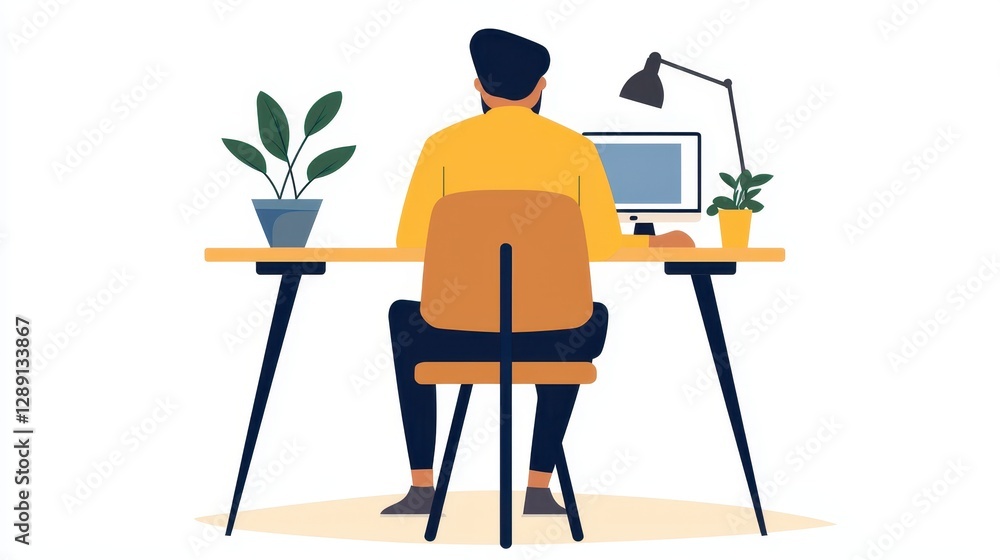 Teleworking freelancer concentrates in flat workspace illustration of productivity and efficiency Teleworking freelancer concentrates in flat workspace illustration of productivity and efficiency