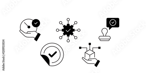Icons for blockchain security, digital verification, cyber protection, smart contracts, technology verification, trust certification, digital safety.