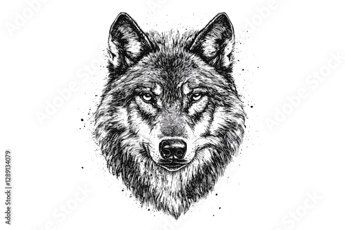 Antique style vector print design, hand-drawn wolf, black sketch effect, vintage art, forest animal, predator, trendy wildlife illustration, white background, wildlife drawing.