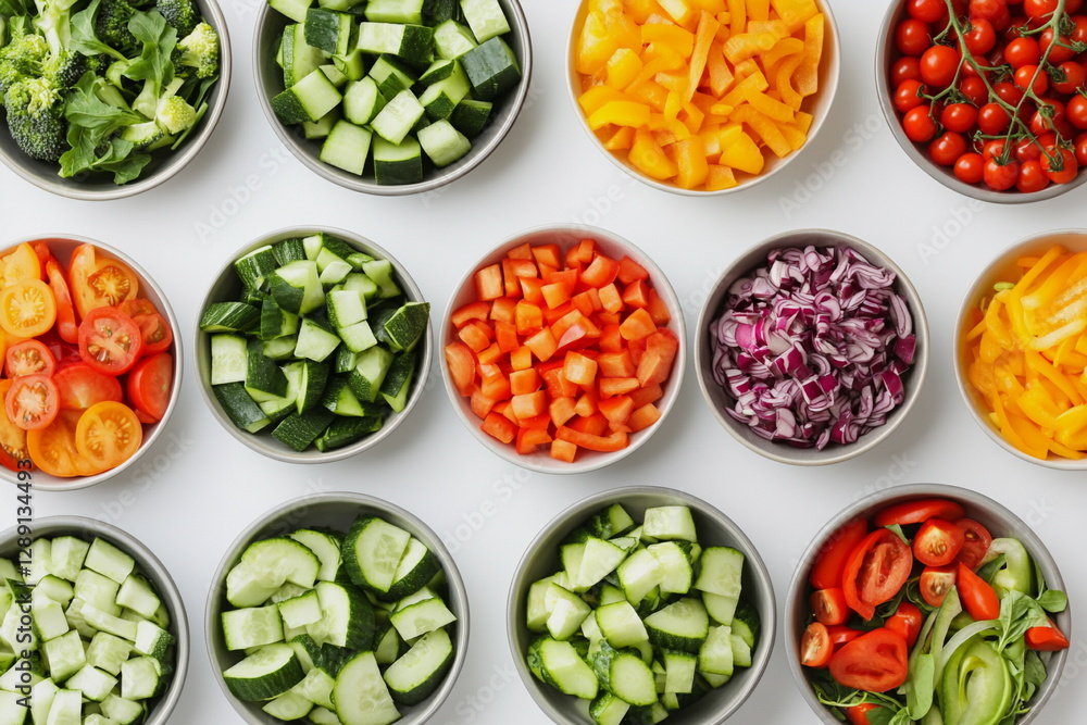 Sliced vegetables in vibrant colors neatly arranged in glass bowls, showcasing fresh ingredients like cucumbers, carrots, and bell peppers, all set against a clean white background.
Sliced vegetables in vibrant colors neatly arranged in glass bowls, showcasing fresh ingredients like cucumbers, carrots, and bell peppers, all set against a clean white background.