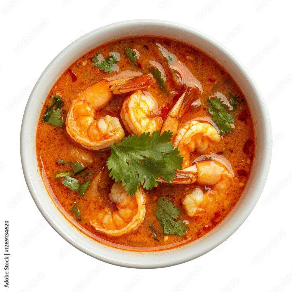 Delicious shrimp soup with vibrant spices and fresh herbs, served in white bowl. rich red broth is garnished with cilantro, creating appetizing dish Delicious shrimp soup with vibrant spices and fresh herbs, served in white bowl. rich red broth is garnished with cilantro, creating appetizing dish