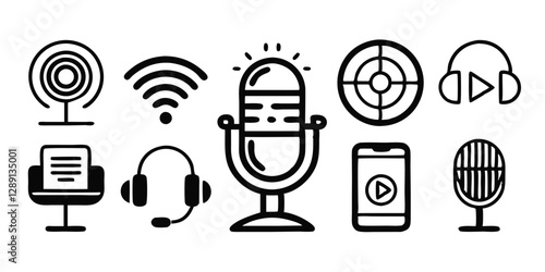 Set of outline icons related to podcast, microphone, podcasting, record, audio, broadcasting, studio and others. Editable stroke. Vector illustration