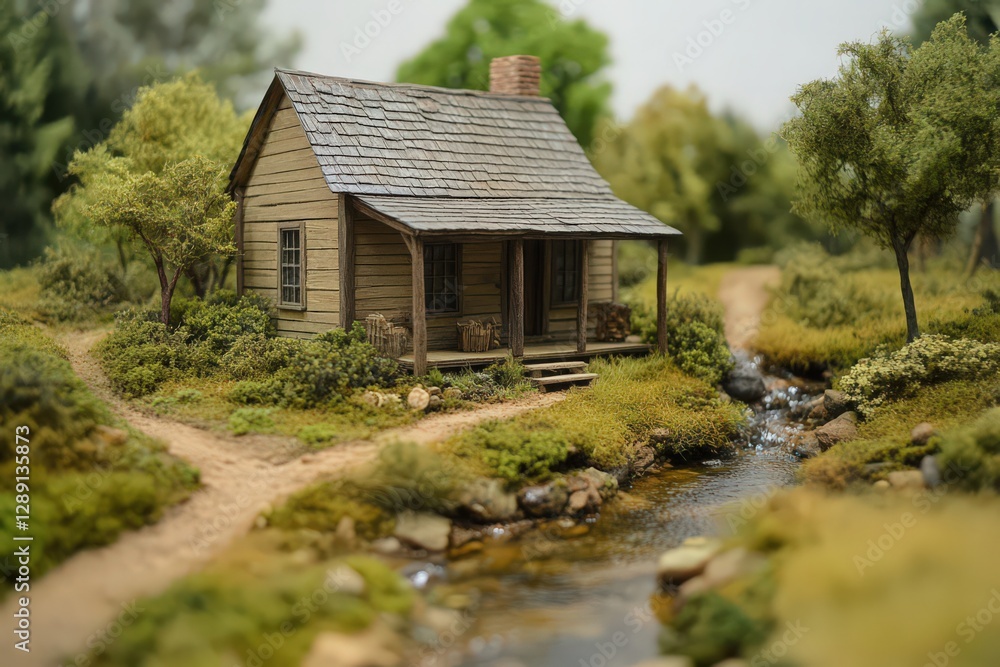 Fototapeta premium Rustic log cabin model beside a creek, nestled in a lush green landscape. Soft natural lighting enhances the details of the miniature scene