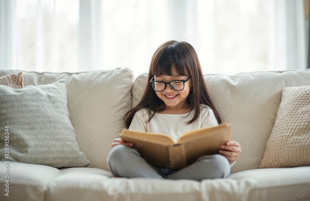 Happy asian child girl smiling, wearing glasses, reading book while sitting on couch sofa at home. Kid relaxing, education concept. Intellectual baby enjoys literature leisure lifestyle. Happy asian child girl smiling, wearing glasses, reading book while sitting on couch sofa at home. Kid relaxing, education concept. Intellectual baby enjoys literature leisure lifestyle.