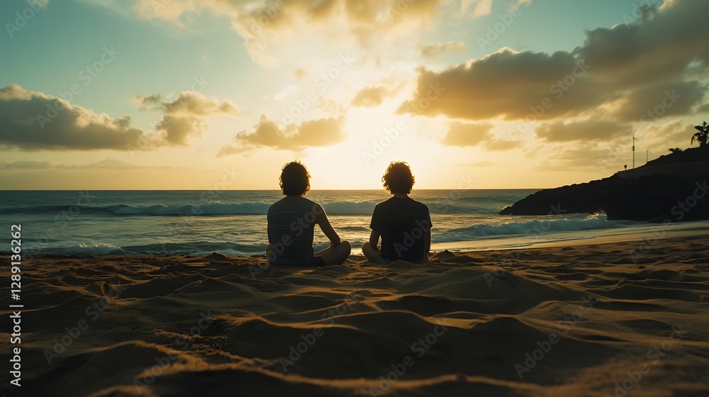 Two unidentified figures silhouetted against a stunning sunset sky sitting peacefully on a sandy beach with a serene ocean view in the background This tranquil scene evokes a sense of relaxation Two unidentified figures silhouetted against a stunning sunset sky sitting peacefully on a sandy beach with a serene ocean view in the background This tranquil scene evokes a sense of relaxation
