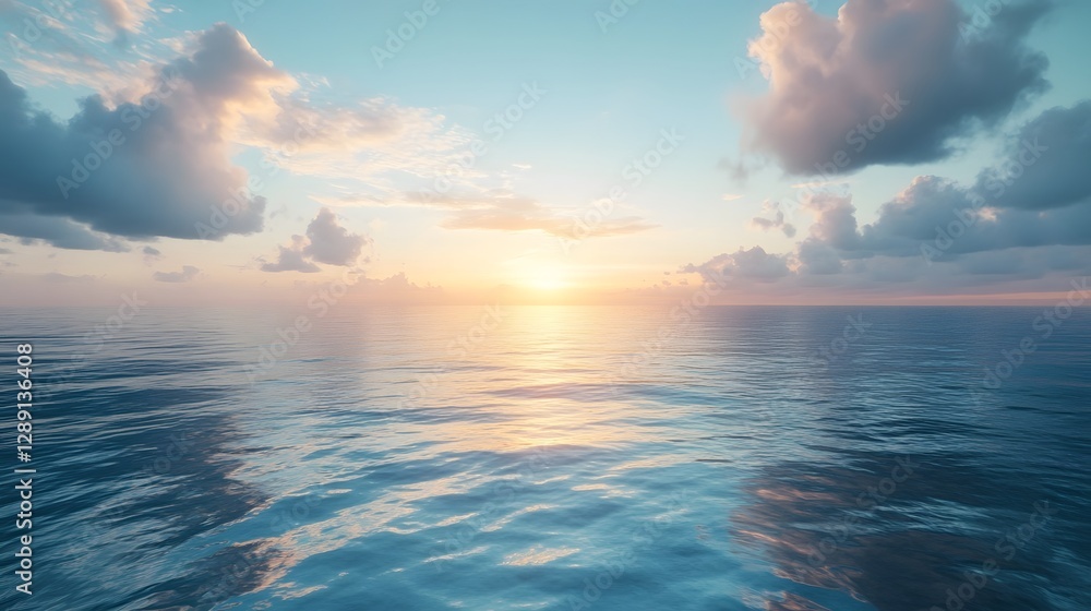 Obraz premium Breathtaking sunset view over a vast serene ocean with a dramatic moody cloudscape in shades of orange blue and silhouette A peaceful minimalist and abstract seascape scene