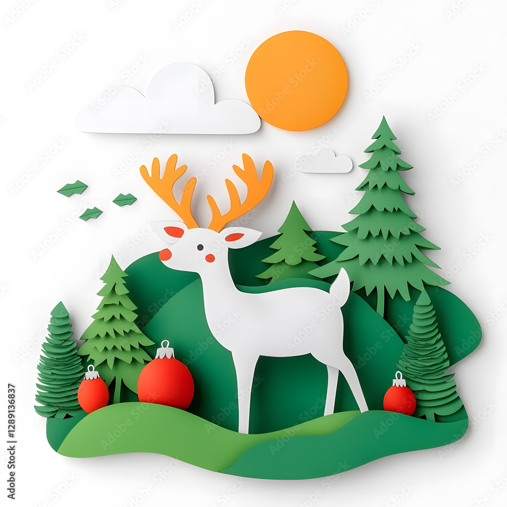 Naklejka premium Christmas deer in a minimal paper cut style isolated on background