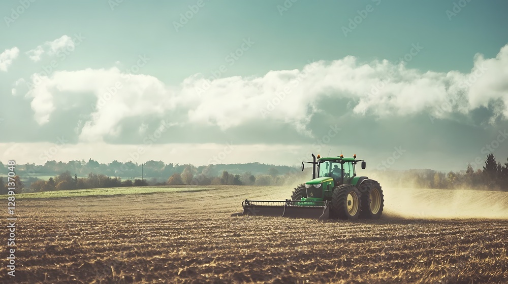 Fototapeta premium Tractor Plowing Lush Green Farmland on a Sunny Spring Day in the Peaceful Countryside Landscape Agricultural Machinery Working in a Rural Field Cultivating the Soil for Crop Planting