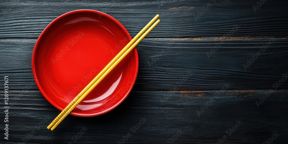 Vibrant Red Bowl with Chopsticks on Rustic Wooden Table, Perfect for Asian Cuisine Presentation and Culinary Photography Vibrant Red Bowl with Chopsticks on Rustic Wooden Table, Perfect for Asian Cuisine Presentation and Culinary Photography