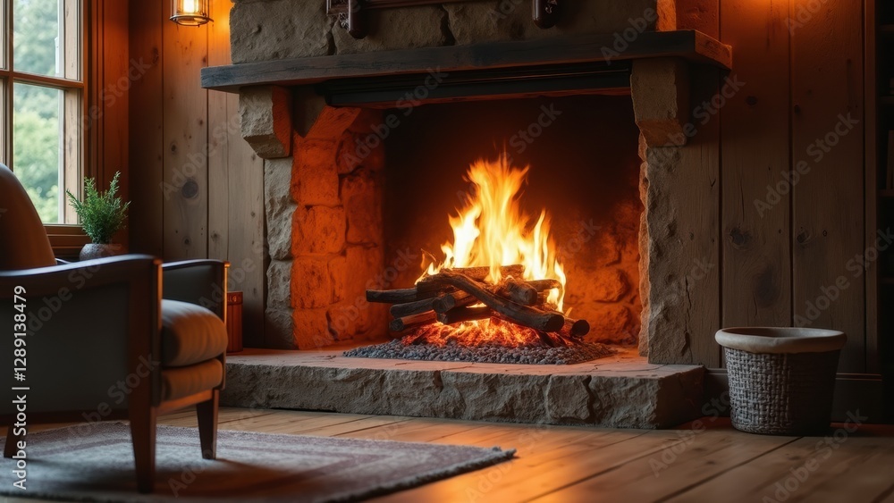 Fireplace with a fire burning in it, and a chair next to it Fireplace with a fire burning in it, and a chair next to it