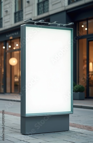 Blank advertising lightbox mockup at shopping center street. Empty white space for business logo. Modern commercial ad billboard template with nobody for marketing campaign. photo