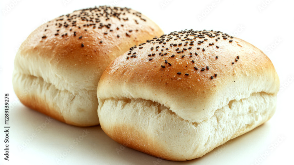 Two fresh sesame seed buns are placed side by side on a white surface. Concept of bakery and freshness. Two fresh sesame seed buns are placed side by side on a white surface. Concept of bakery and freshness.