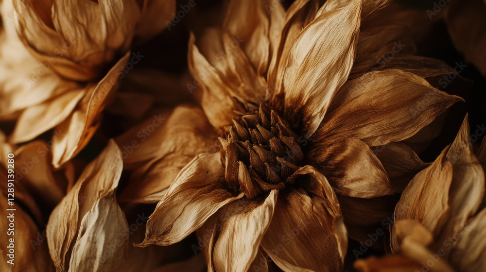 Fototapeta premium abstract close up of dried flower textures creating warm, earthy pattern. intricate details of petals and rich brown tones evoke sense of natural beauty and elegance