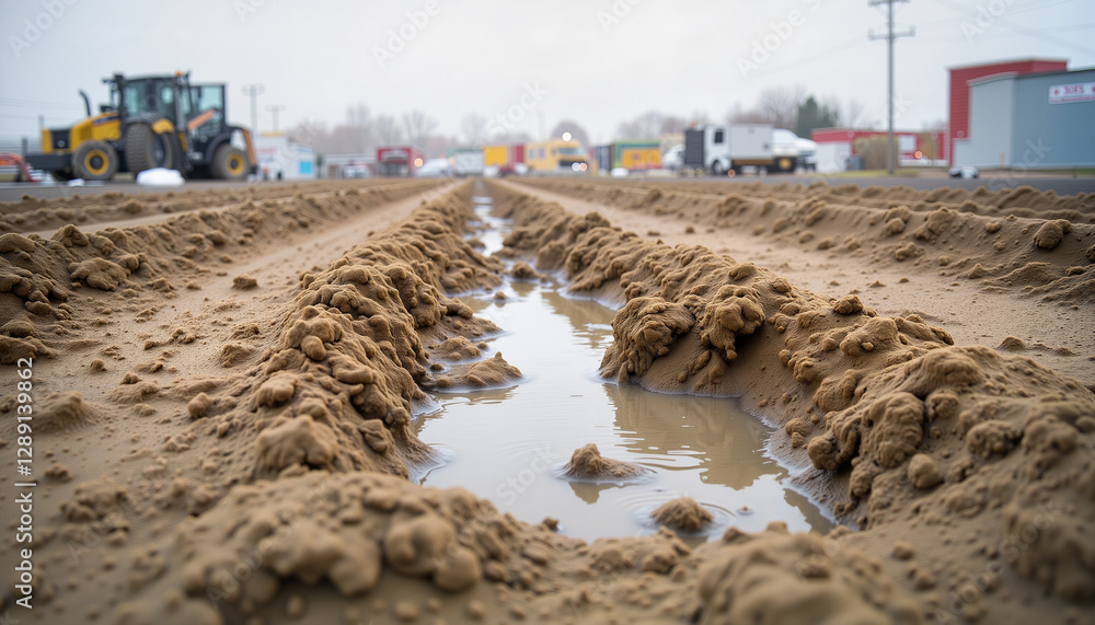 Heavy machinery creating muddy tracks at construction site, industrial grit Heavy machinery creating muddy tracks at construction site, industrial grit