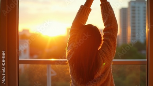 Woman is stretching her arms out of a window, looking out at the city skyline
