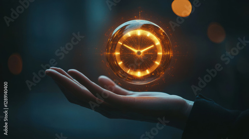 hand holds glowing countdown clock, symbolizing time and urgency futuristic setting. clock emits warm, orange light, contrasting with dark background, creating sense of mystery and anticipation