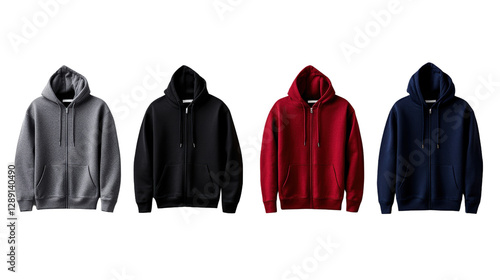 Row of four colorful hoodies displayed neatly in a retail environment for sale or display purposes isolated on transparent background.. photo