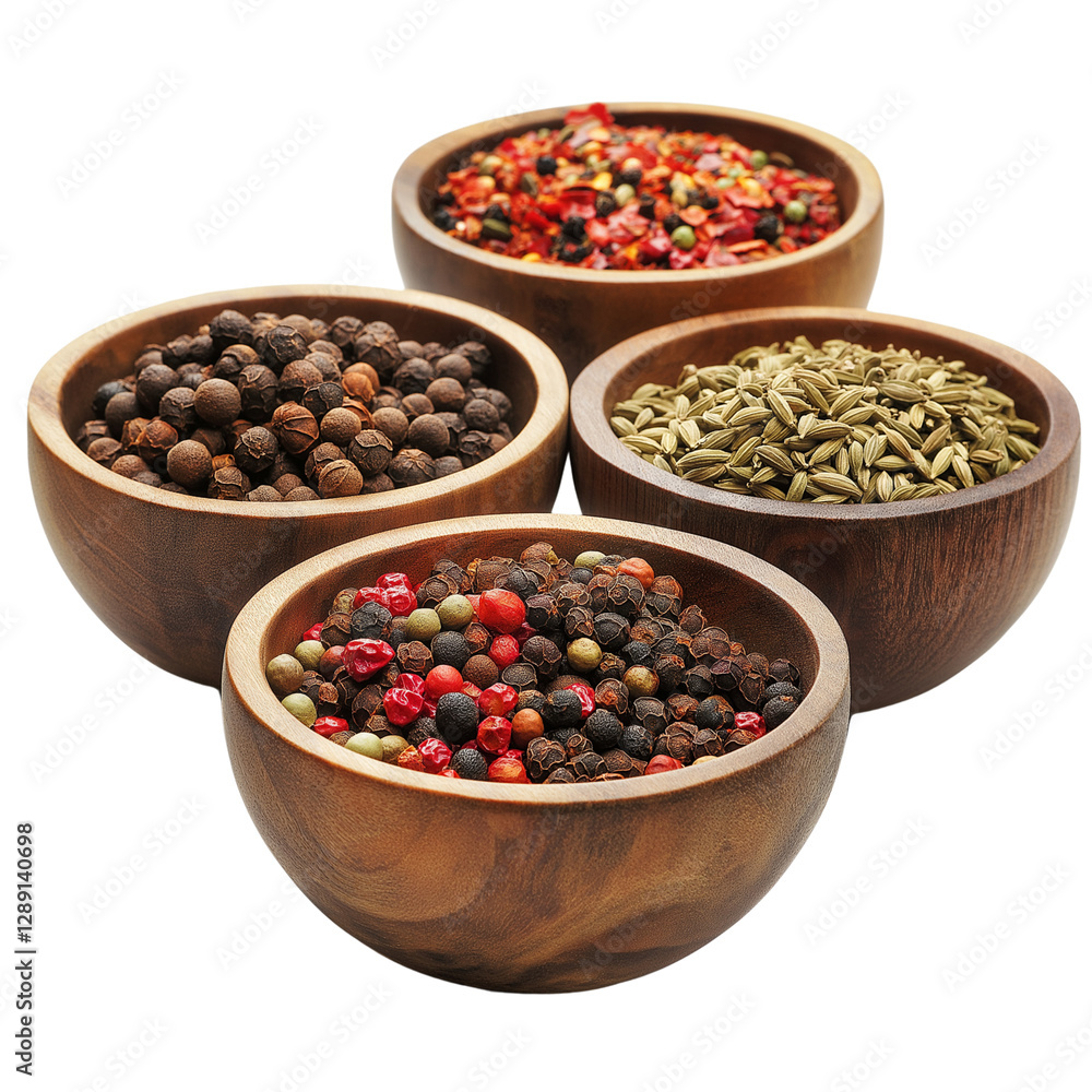 Spices in wooden bowls, isolated on a transparent background. png Spices in wooden bowls, isolated on a transparent background. png