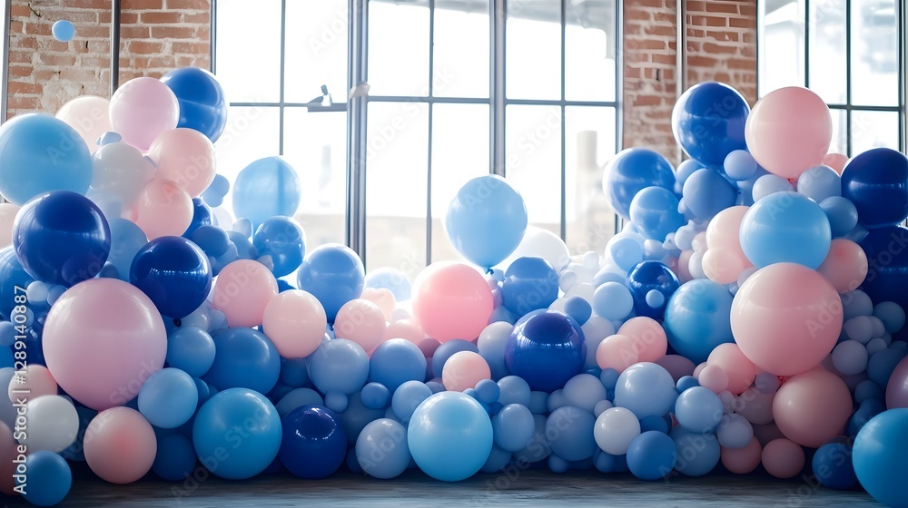 Colorful balloons in various shades of blue and pink arranged in a festive display creating a vibrant and celebratory atmosphere against a glass window backdrop Colorful balloons in various shades of blue and pink arranged in a festive display creating a vibrant and celebratory atmosphere against a glass window backdrop