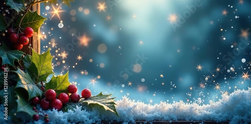 Frosty glass window with sparkling snowflakes and holly leaves, holly, sparkling, holiday