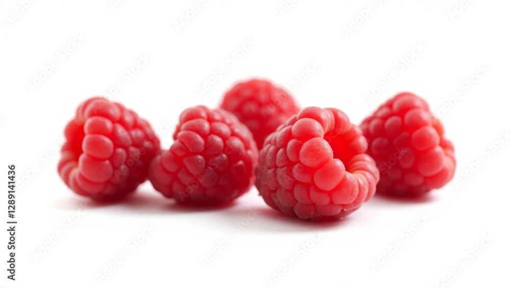 Four to five vibrant red raspberries on pure white background, portrait orientation. Fresh, slightly textured, minimalist composition, emphasizing natural beauty and visual harmony. Four to five vibrant red raspberries on pure white background, portrait orientation. Fresh, slightly textured, minimalist composition, emphasizing natural beauty and visual harmony.