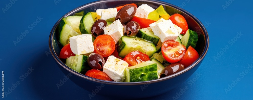 Refreshing Greek salad with cucumbers, tomatoes, olives, and creamy feta, presented in a stylish bowl against a deep navy blue background Refreshing Greek salad with cucumbers, tomatoes, olives, and creamy feta, presented in a stylish bowl against a deep navy blue background