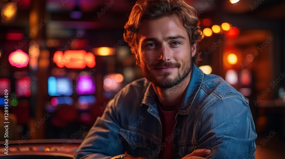 Fototapeta premium Young man smiling in casino, playing gambling games