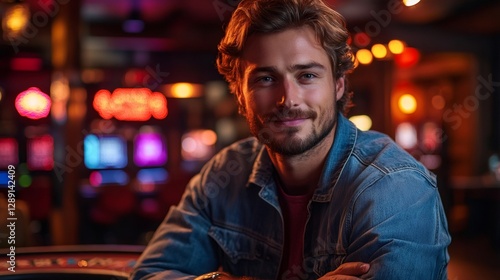 Young man smiling in casino, playing gambling games