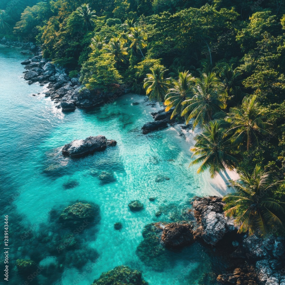 Obraz premium Serene Tropical Paradise with Clear Water and Lush Greenery