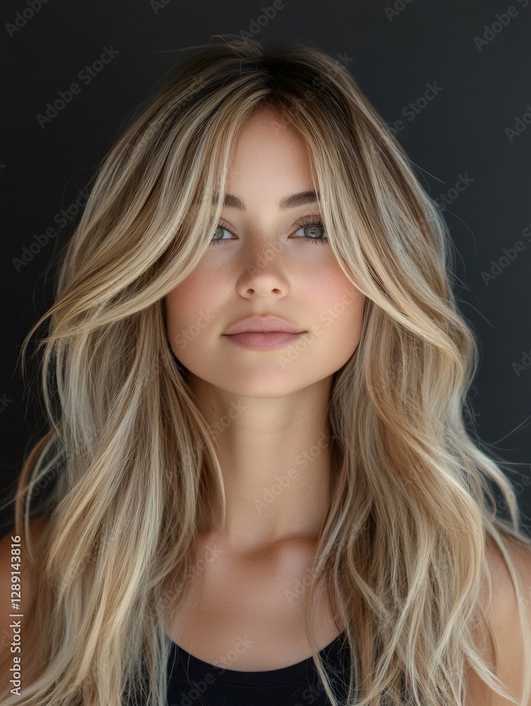 Blonde model showing long healthy hair with curtain bangs Blonde model showing long healthy hair with curtain bangs