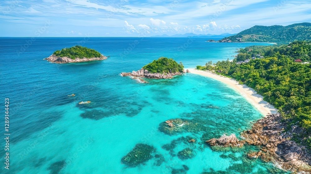 Fototapeta premium Aerial view of crystal-clear turquoise waters of southern Thailand's coastline, with sandy beaches and lush green islands dotting the horizon.