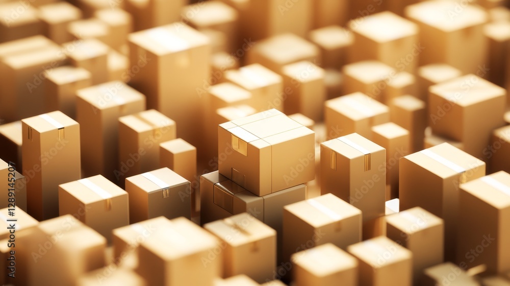 Fototapeta premium Brown Cardboard Boxes Piled in a Warehouse Environment