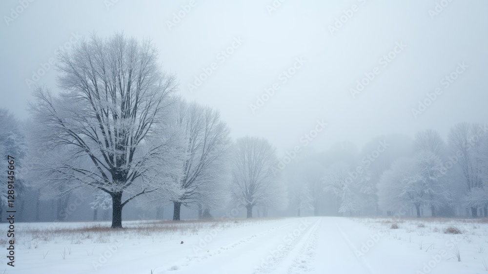 Snowy field with trees and a road Snowy field with trees and a road