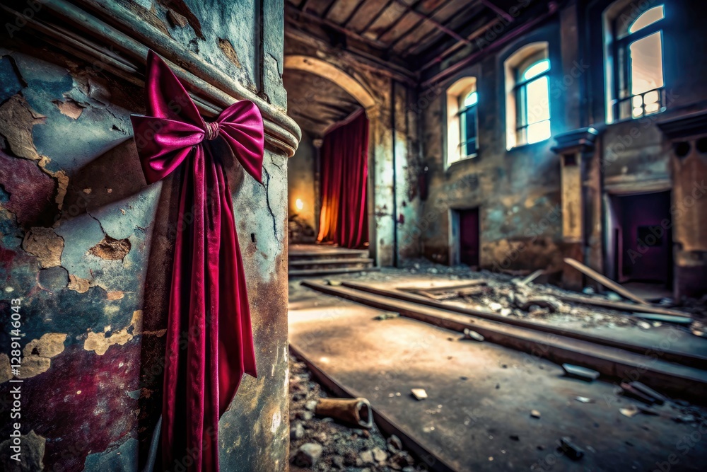 Obraz premium Urban Exploration Photography: Abandoned Building, Burgundy Ribbon, Dark Moody Atmosphere, Grunge Texture