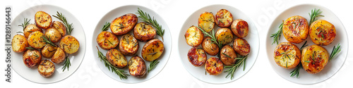 Collection of baked potatoes with rosemary on white plates isolated on transparent background