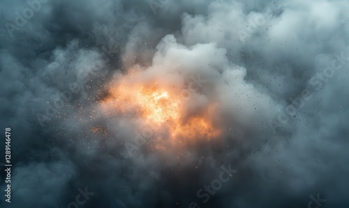 Wallpaper Mural Dense gray and white smoke billows, obscuring an intense orange and yellow explosion at the center.  Sparks and debris are visible within the smoke Torontodigital.ca