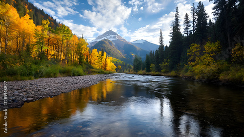 Autumn River Landscape with Golden Aspens and Mountain Peaks