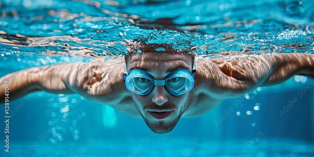 Fototapeta premium Underwater Dive: Swimmer Navigates the Depths: An intense portrait of a swimmer, submerged underwater with goggles, exhibiting focused determination and the grace of a aquatic athlete.