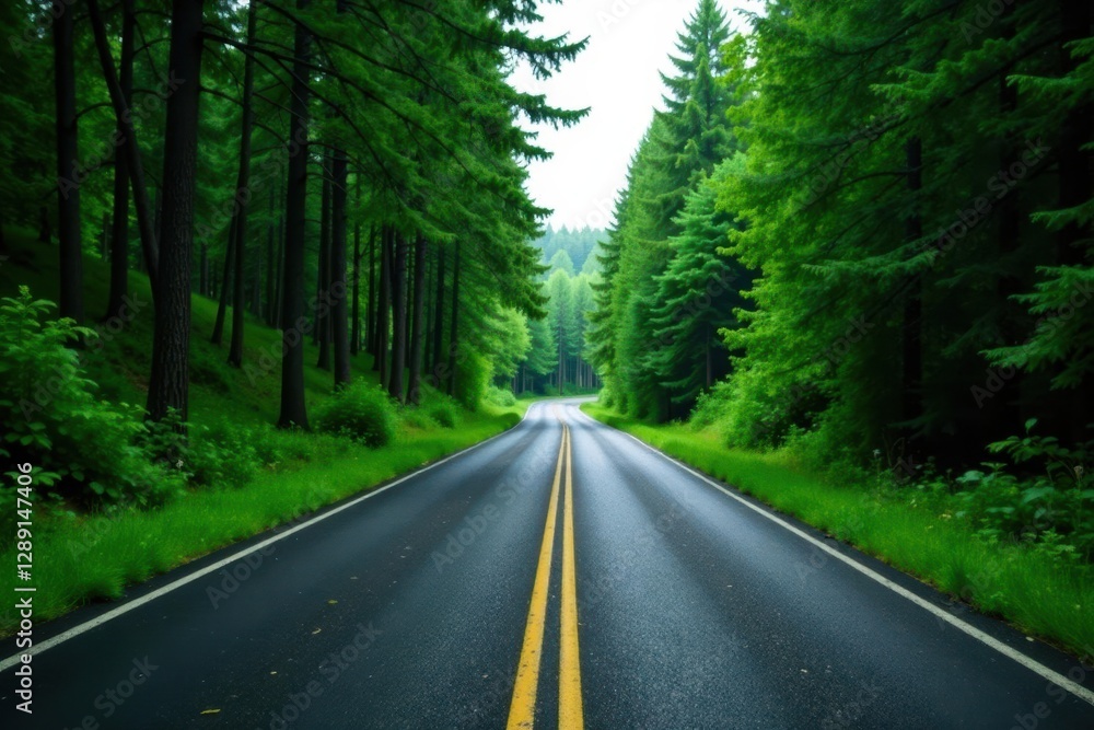 An empty forest road winds its way through tall evergreen trees, serene, evergreen, green landscape An empty forest road winds its way through tall evergreen trees, serene, evergreen, green landscape