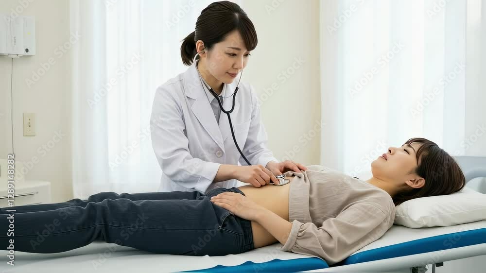 腹部の痛みを訴える女性を聴診する女医 腹部の痛みを訴える女性を聴診する女医