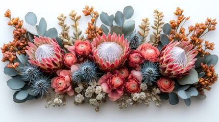 King protea, eucalyptus and ranunculus flowers forming a colorful border on white background