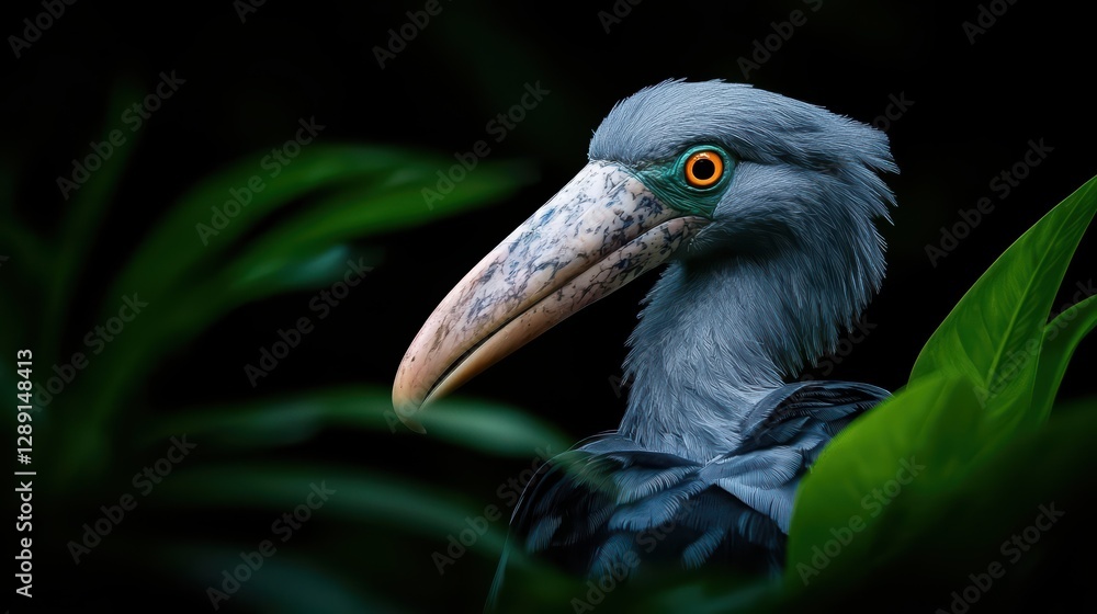 Obraz premium Striking Shoebill Stork Portrait Among Lush Greenery