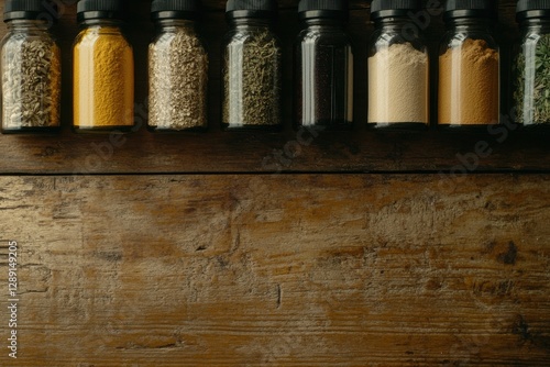 Rustic Display of Antique Vials Filled with Colorful Herbs and Powders on a Wooden Table Illuminated by Warm Golden Light