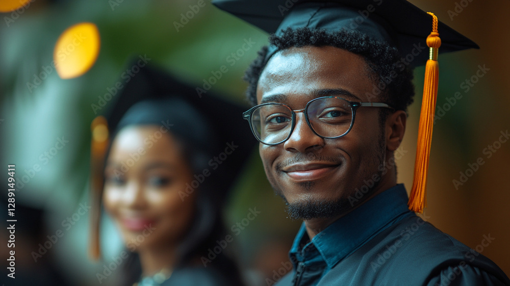 Fototapeta premium A photo of a college graduate and his teacher. The graduate and his friends.