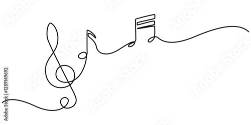 Continuous music line art note vector sketch illustration. Abstract music notes song sound concept background outline, Music notes and treble clef continuous one line drawing. Hand drawn doodle sketch
