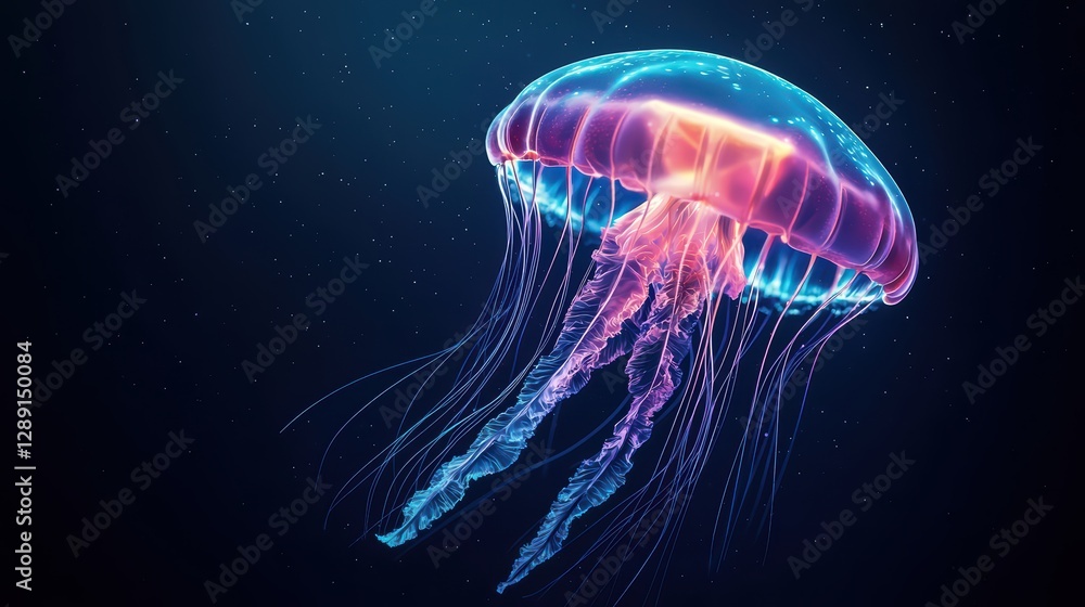 Futuristic Jellyfish Floating in the Depths of Bioluminescent Ocean Futuristic Jellyfish Floating in the Depths of Bioluminescent Ocean