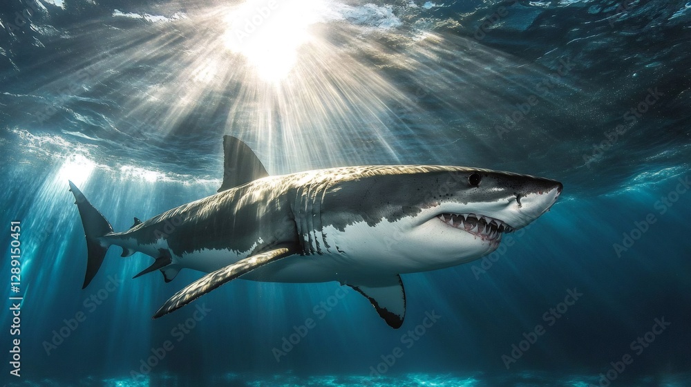 Fototapeta premium Great white shark swimming in sunlit ocean water