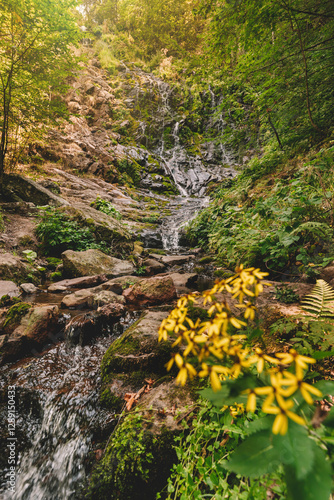 Obraz na płótnie Pilj Cascade Waterfall in Lush Green Setting w salonie