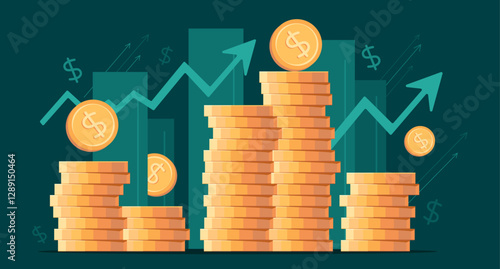 Stacks of coins of different heights, side view, financial concept and financial investment, growth of stocks and business. Vector illustration of profit, successful investment of money. Dollar sign