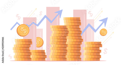 Stacks of coins of different heights, side view, financial concept and financial investment, growth of stocks and business. Vector illustration of profit, successful investment of money. Dollar sign